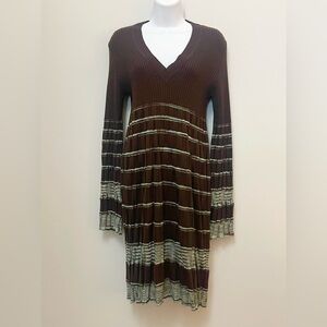 M by Missoni Brown V-Neck Long Sleeve Striped Knit Dress
